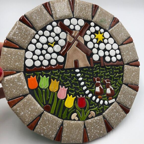 Vintage Mosaic Brown Ceramic Tile Art Trivet Round Windmill Country Farm House - Picture 5 of 8